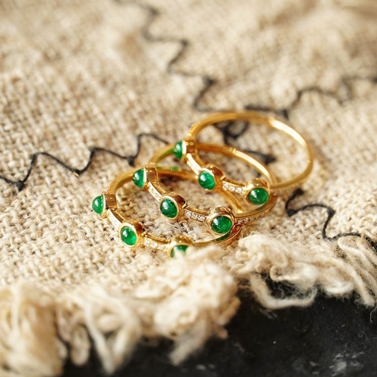 Sterling Silver Green Gemstone Ring For Women Vintage Geometric Electroplated Gold Finish S925 Jewelry Gift Box