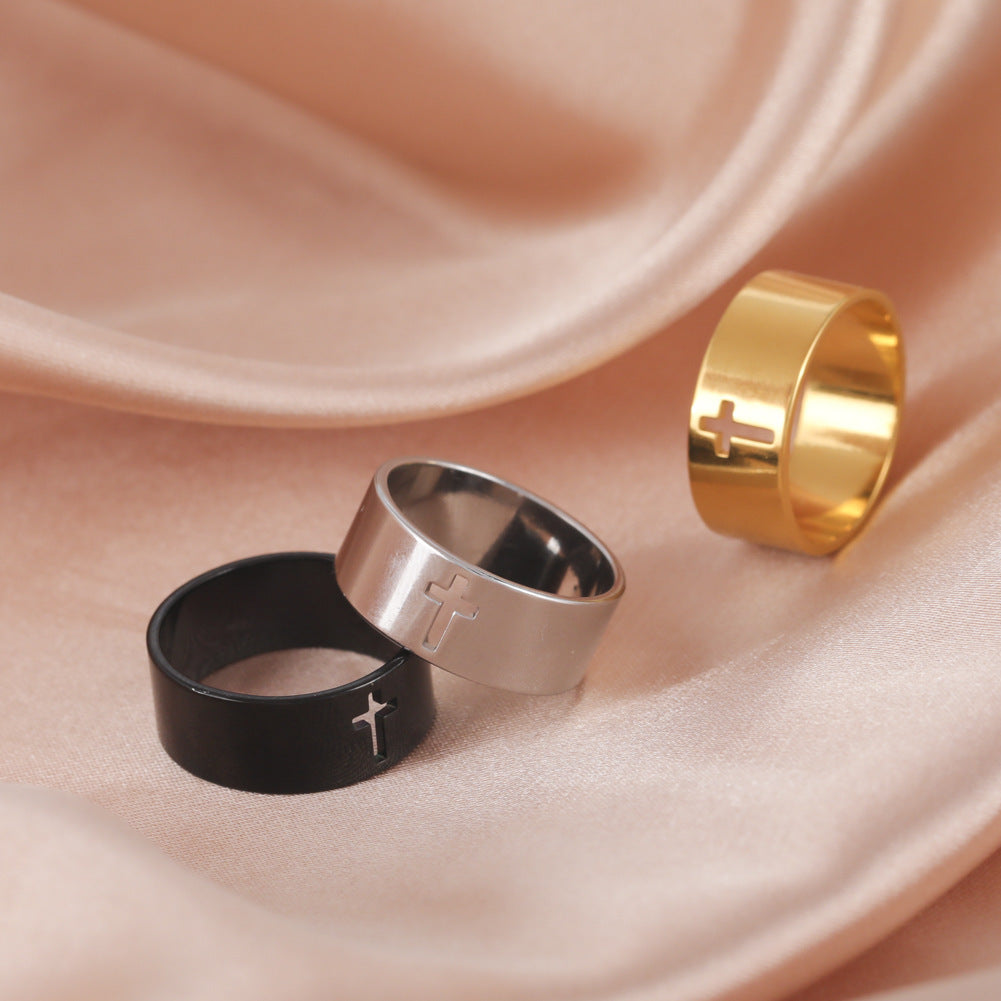 Unisex Hollow Cross Stainless Steel Ring Electroplated