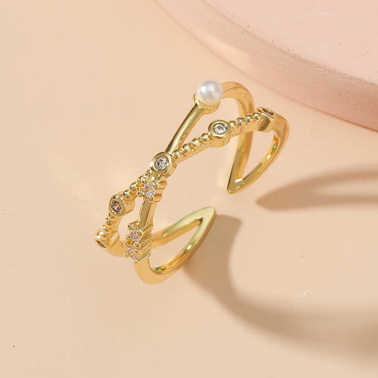 Womens 925 Sterling Silver Gold Plated Hollow Geometric Ring White Crystal Jewelry for Her Birthday Gift Ideas