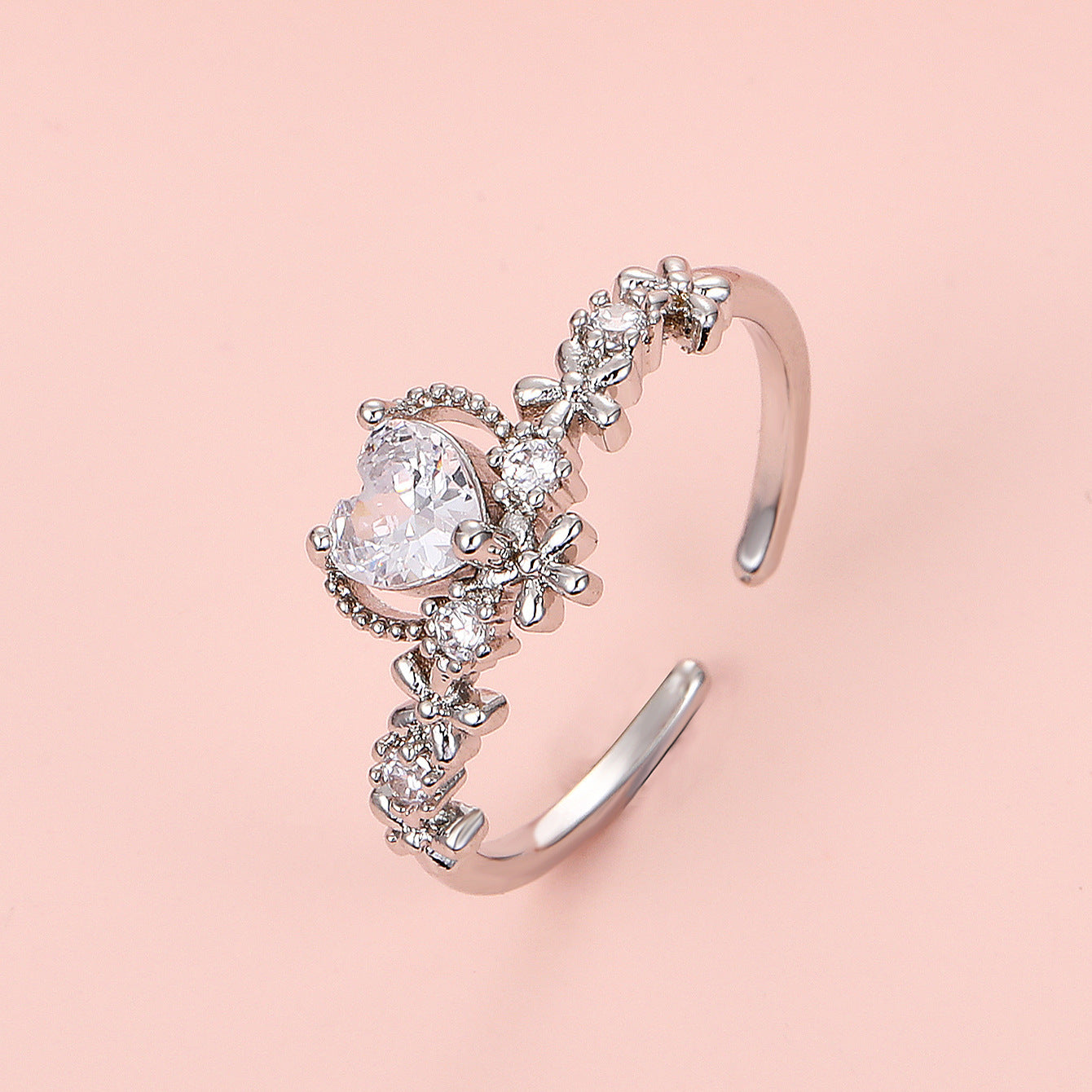 Heart Ring With Diamond Accent Adjustable Copper Ring Korean Fashion Jewelry Rose Gold And White Gold Finish22