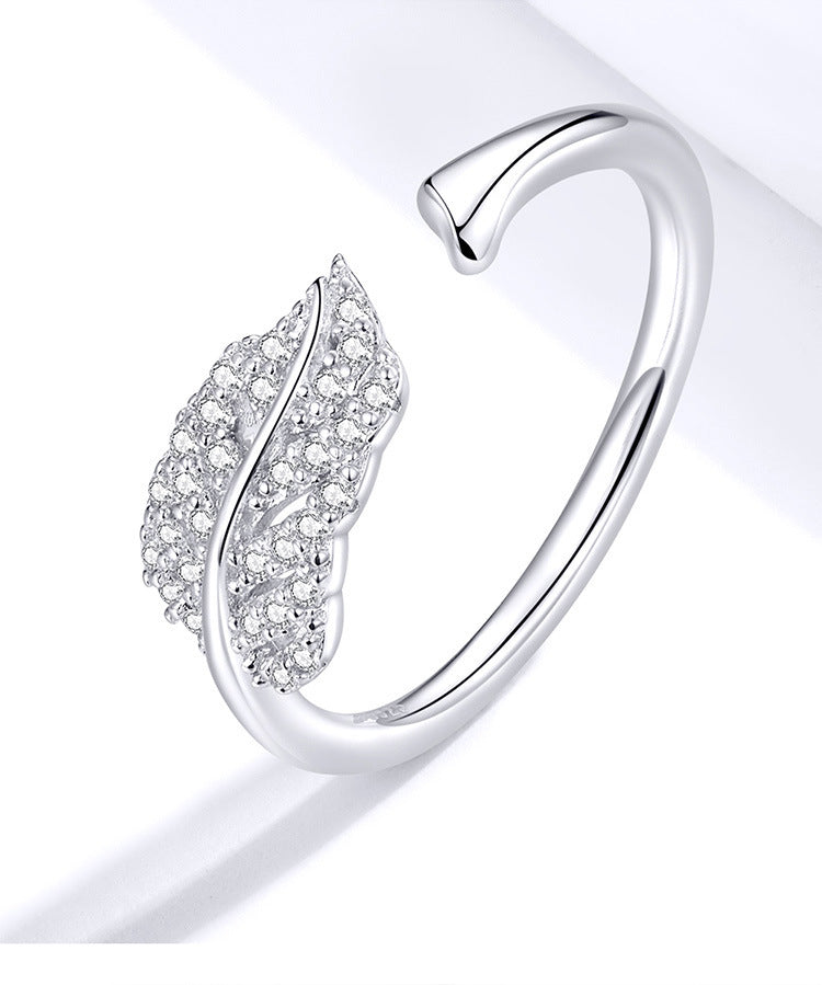 Womens Sterling Silver Ring Adjustable Zircon Feather Delicate Design Thin Band 0.15cm Gift for Her 925 Silver