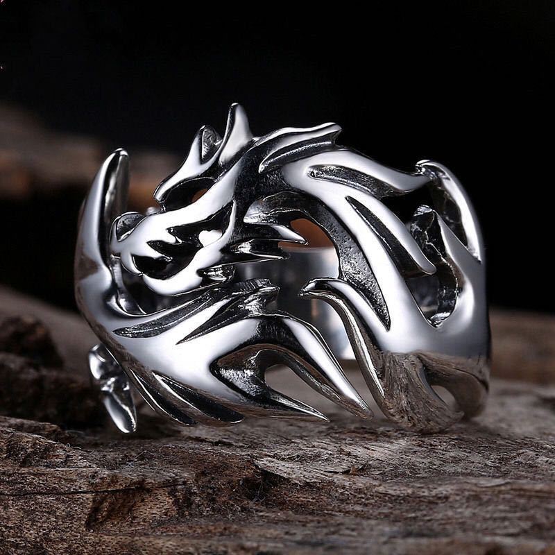Mens Vintage Dragon Ring Silver Plated Zodiac Jewelry Retro Style Gift for Anniversary Ideal Keepsake Accessory