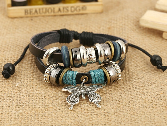 Unisex Vintage Leather Bracelet With Butterfly Pendant Adjustable Cowhide Beaded Woven Fashion Jewelry Everyday Wear