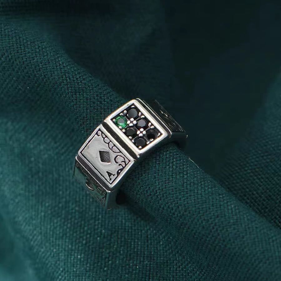 Unisex Adjustable Alloy Ring Inlaid Zircon Retro Black And Peach Playing Card Design Hip Hop Ring For Men Women