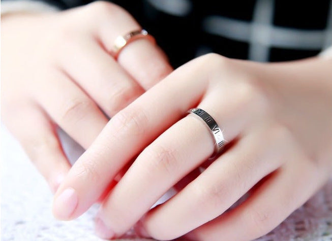 Titanium Steel Couple Rings with Roman Numeral and Diamond Accent Matching Bands His and Hers Anniversary Rings 4MM