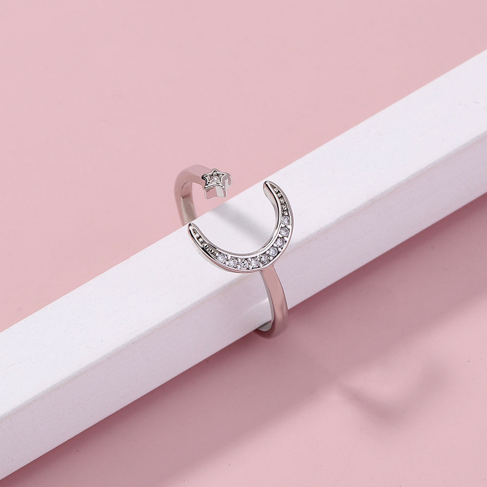 Celestial Star Moon Adjustable Zircon Ring Open Ended Copper Brass Jewelry for Women and Girls Europe And America Style