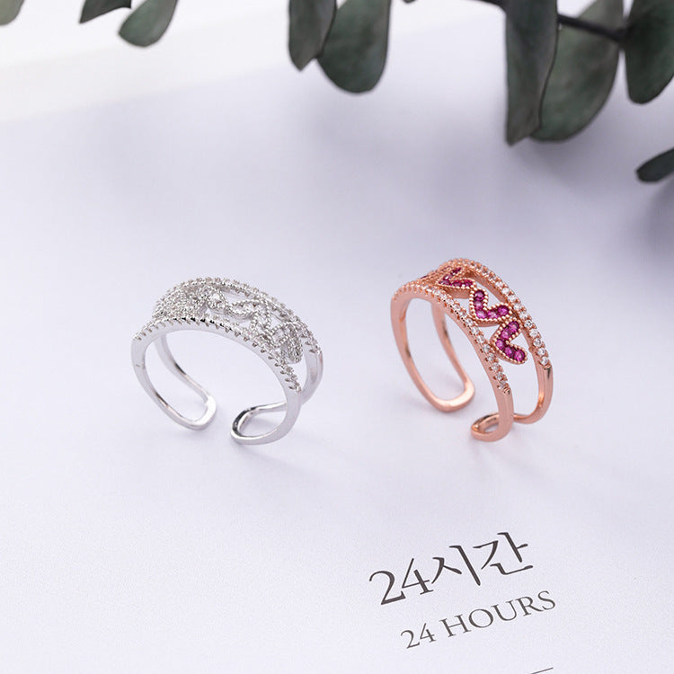 Openwork Heart Ring Alloy With Adjustable Band Inlay Gemstones Rose Gold Or Silver Korean Style Jewelry Design