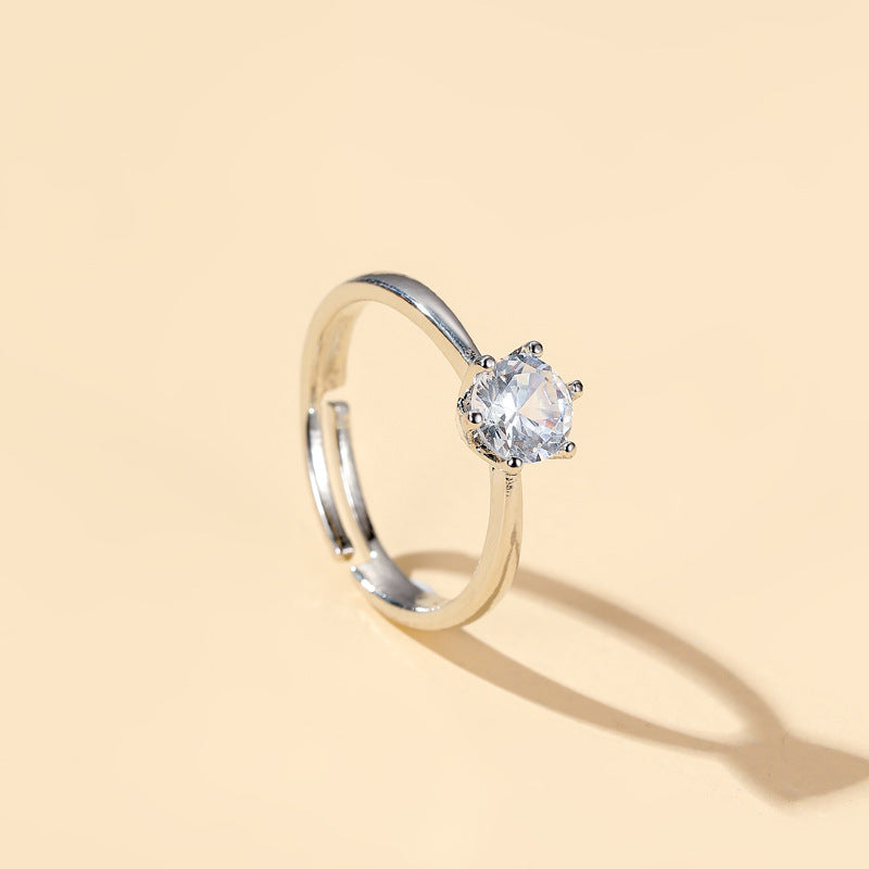 Geometric Zircon Ring Women Six Claw Copper Electroplated