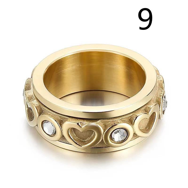 Womens Heart Shaped Ring Diamond Studded Index Finger Ring Titanium Steel Fashion Jewelry Gift For Her Gold and Steel Color Design For Women and Girls