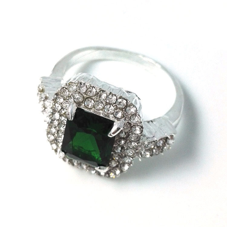 Emerald Square Zircon Ring Exaggerated Fashion Statement Ring For Women Alloy With Green Zircon Stone Elegant Box