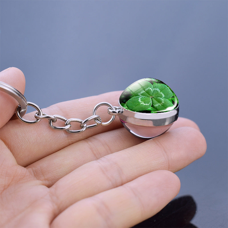 Crystal Glass Ball Keychain Double Sided Translucent Design Lightweight Alloy Base Four Leaf Clover Charm Glow