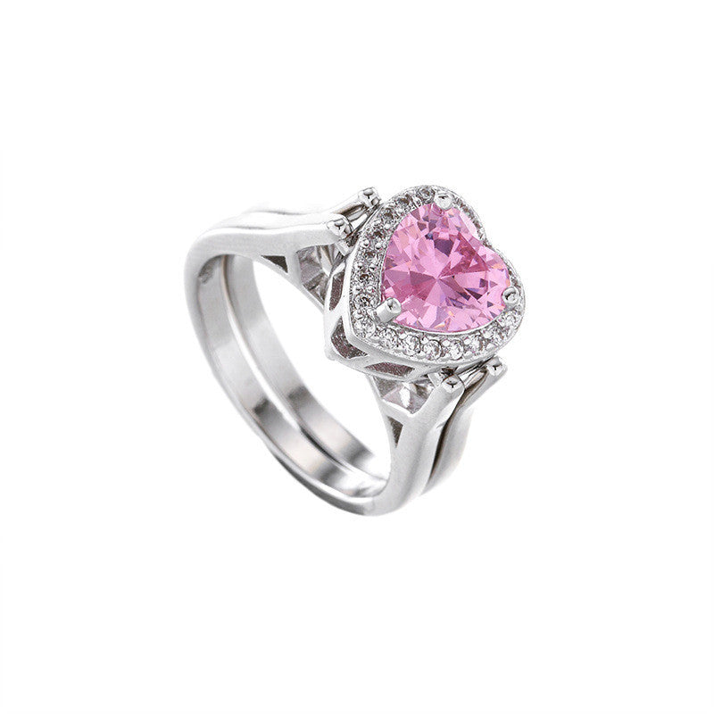 Two Tone Love Diamond Ring For Two Women Matching Heart Double Ring Jewelry White Copper Plated Finish Platinum Shine