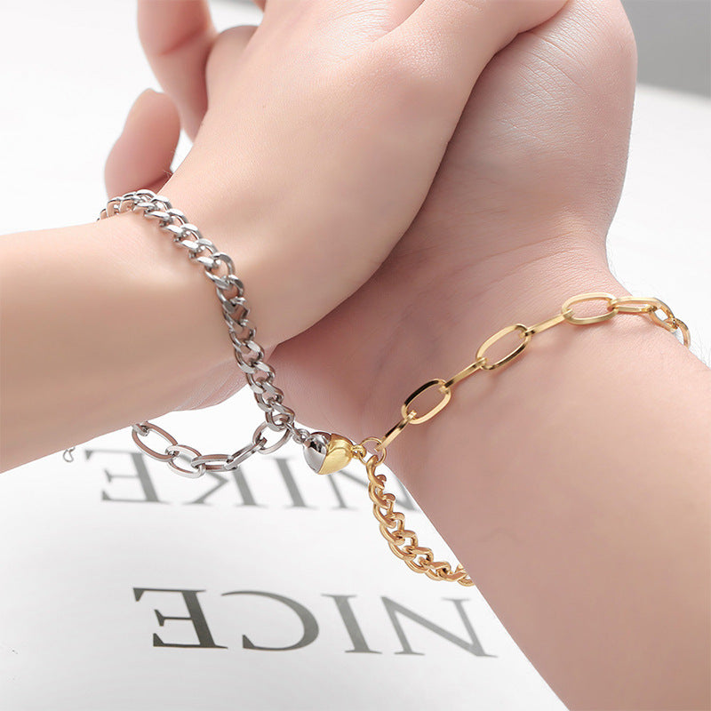 Couples Matching Bracelet Set Stainless Steel Love Magnet Bracelet Adjustable Length Relationship Jewelry Gift