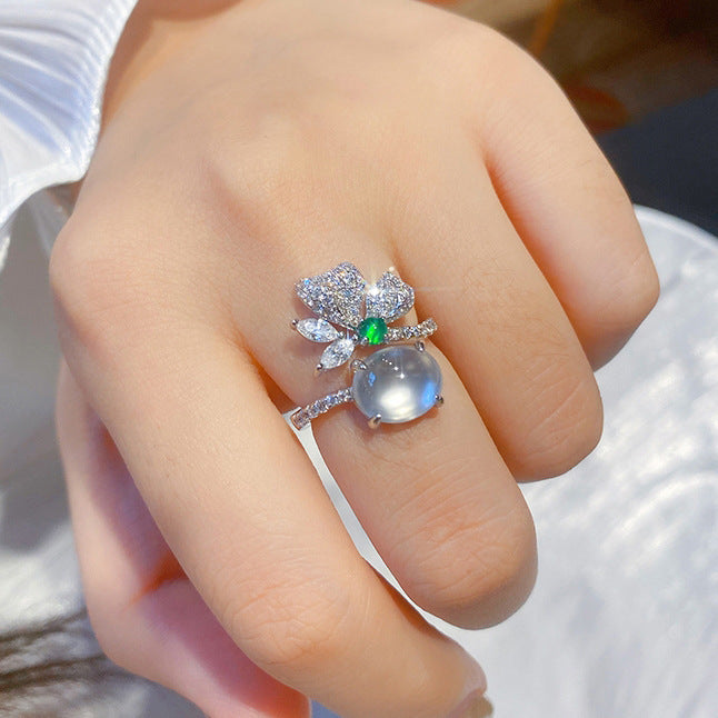 Elegant White Chalcedony Agate Diamond Ring For Women Copper Adjustable Geometric Jewelry For Everyday Wear And Occasion