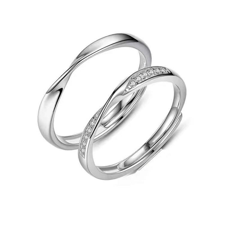 Women Adjustable Open Ring Heart Bow Wave Design Copper Electroplated Micro Zircon Inlaid Anniversary Couple Ring