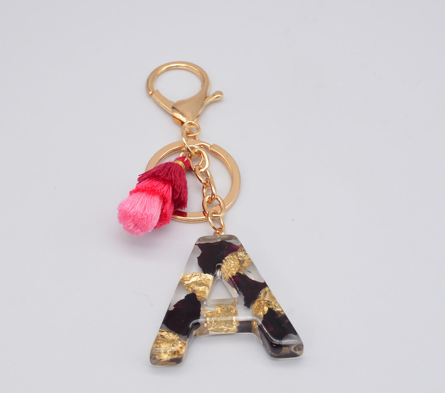 Resin Floral Keychain With Tassel Pendant Black Rose Design Durable Craftsmanship Initial Letter Bag Accessory