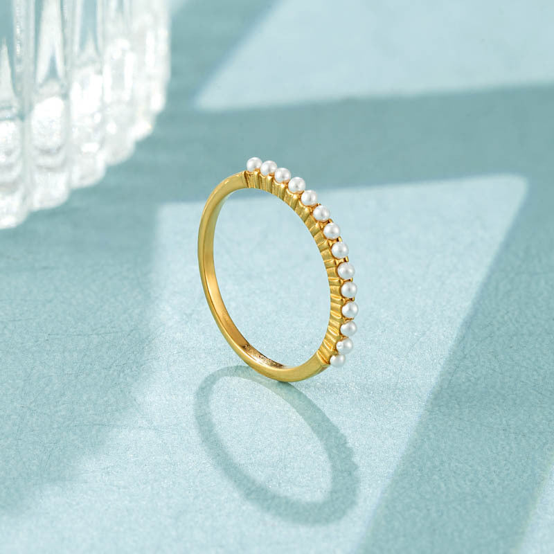 Womens Pearl Ring Gold Titanium Steel Band Ring For Women Simple Fashion Jewelry Engagement Wedding Ring Accessory