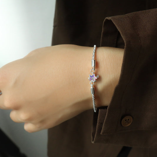 Women Moonstone Starry Pentagram Copper Bracelet With Zircon Star Celestial Design Silver Gift Elegant Jewelry