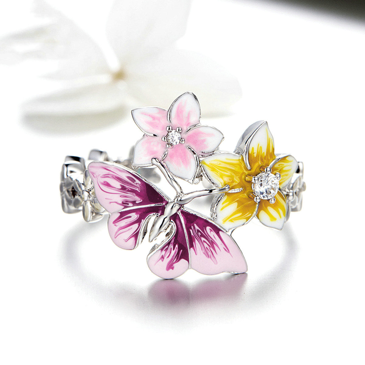 Womens Plated Ring With Butterfly And Love Flower Design In Silver Tone Copper Jewelry Gift For Her Elegant Chic