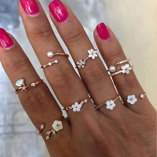 Gold Plated Flower Ring Set 9 Piece Metal Rings For Women Gift Individually Wrapped Jewelry Stunning Gift Idea