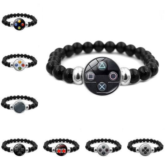 Unisex Faux Leather Bracelet With Game Controller Graphic Button Pattern And Beadwork Design With 18mm Pendant