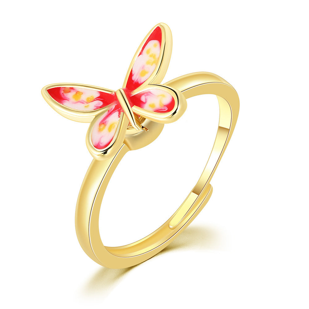 Womens Copper Inlaid Zircon Butterfly Ring Drip Oil Adjustable Opening Trendy Fashion Jewelry Gift for Her Now