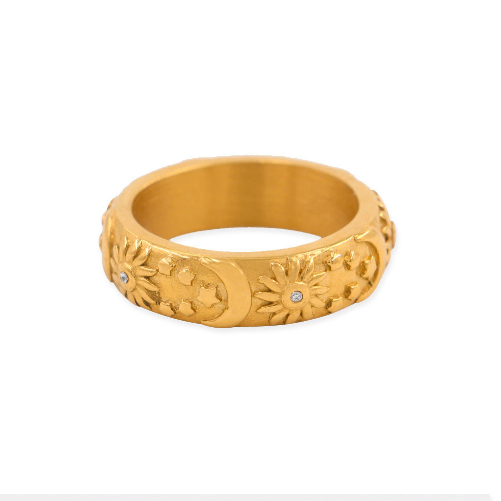 Women's Stainless Steel Ring with Sun Moon and Star Zircon Electroplated Design Fashion Jewelry Ring Gift for Her White Green or Pink Ring