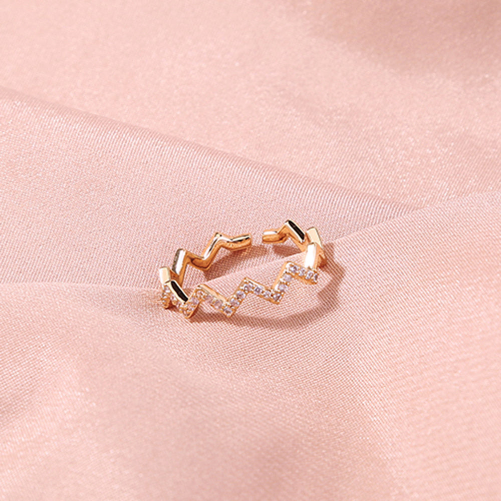Adjustable Copper Zircon Ring With Wavy Design Sparkly Electroplated Finish For European Anniversary Gift Jewelry