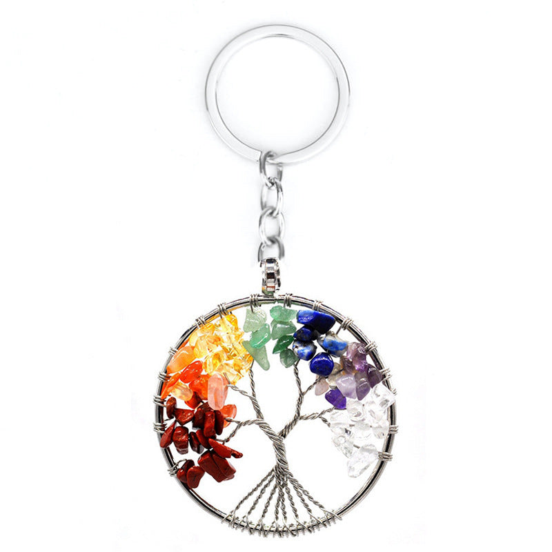 Tree Of Life Keychain Natural Crystal Copper Wire Pendant With Leather Rope For Keys Car Charm White 5cm 7 Colors