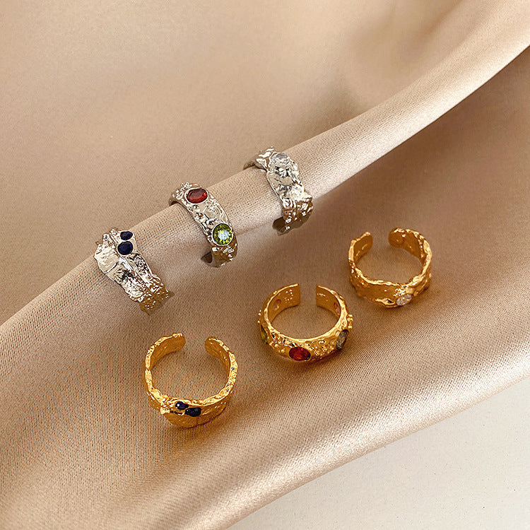 Irregular Metal Ring for Women French Retro Style Zircon Gold Plated 24k Shine Elegant Everyday Accessory Gift