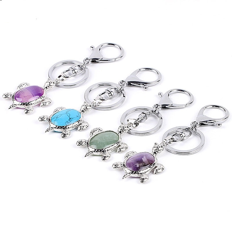 Natural Stone Keychain Bird Turtle Shape Accessory For Keys Bags White Crystal Turquoise Opal Pink Bead Accent