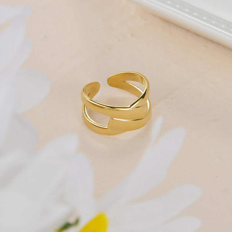 Womens Titanium Steel Ring Adjustable Opening Geometric Ring European Fashion Ring Cool Ring Bowknot Ring Gold