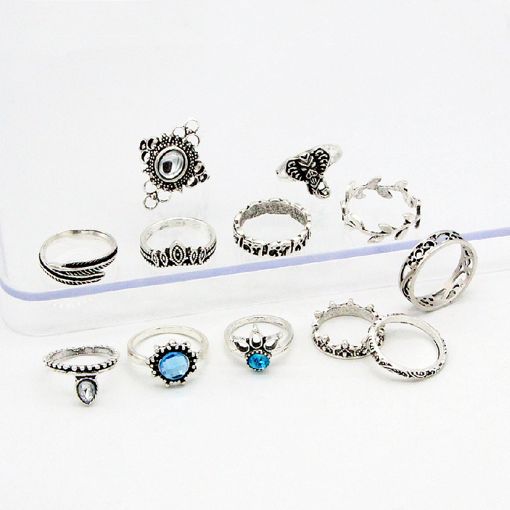 Womens Boho Vintage Gemstone Elephant Rings Alloy Geometric Statement Rings Electroplated Silver Ring Set Boho Ring Set