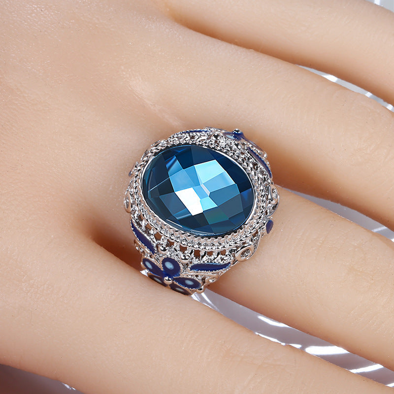 Womens Retro Emerald Agate Ring Silver Plated Copper Inlaid Colorful Flowers Gemstone Jewelry Size 7 8 9 Color