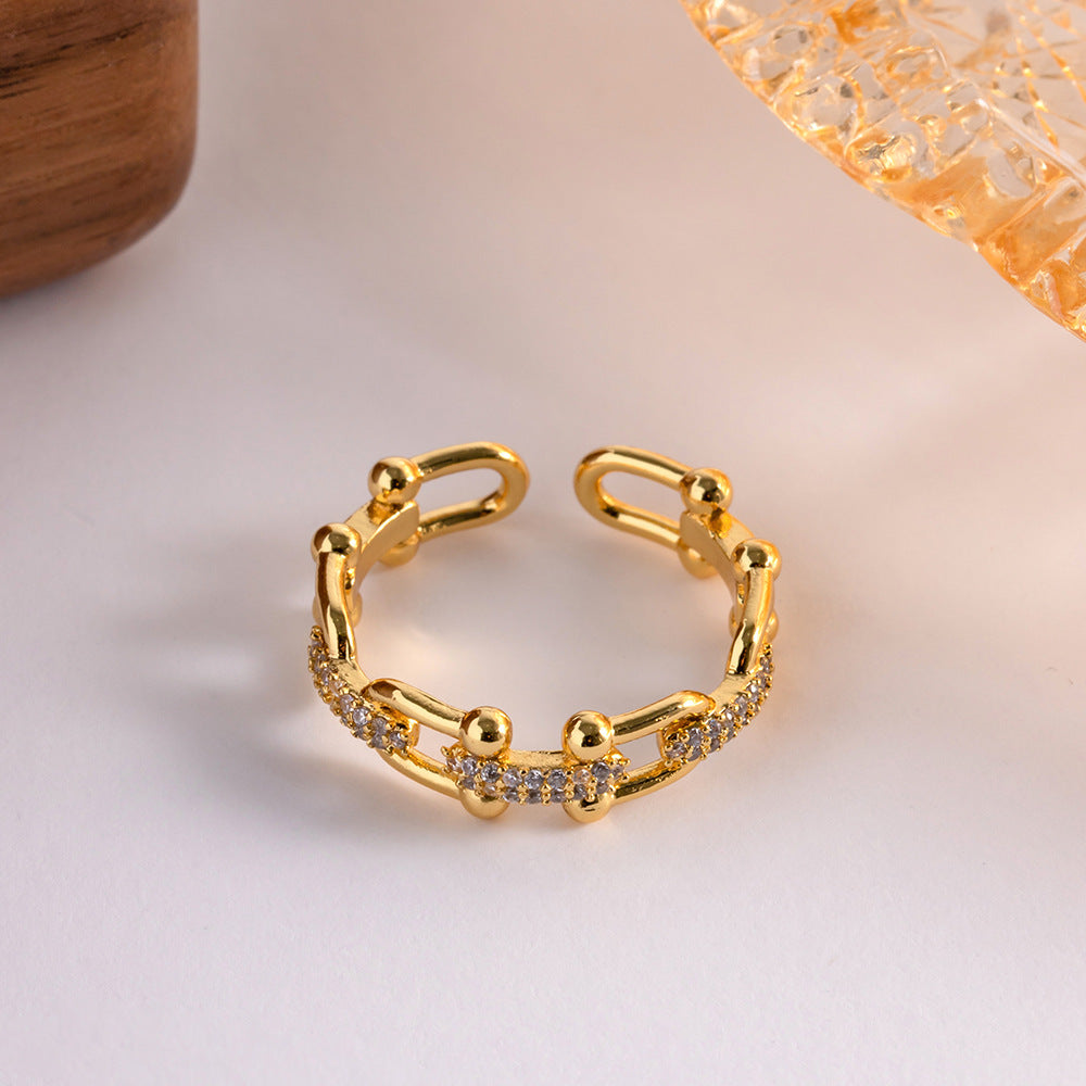 Geometric Copper Ring With Zircon Inlaid Open Design 18K Gold Plated Fashion Jewelry For Everyday Wear Elegant