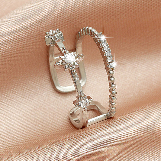 Womens Adjustable Open Ring Double Hexagram Korean Fashion Finger Ring Electroplated Copper Jewelry Gift Trendy