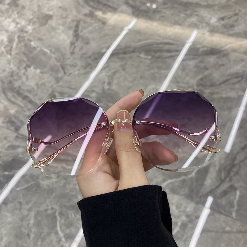 Women Frameless Polygon Sunglasses Resin Lens Metal Frame Cut Edge Ocean Gradient Tea Shade Stylish Eyewear Stylish