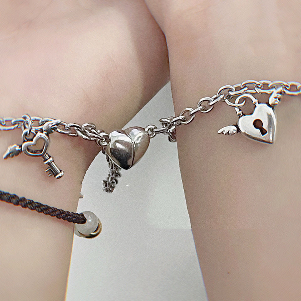 Couple Heart Shaped Alloy Bracelet Set With Magnetic Lock Keys Matching Bracelets For Him And Her Gift For You