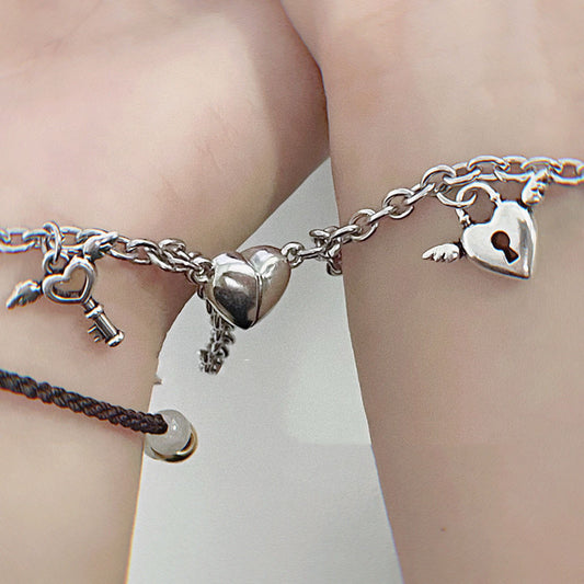 Couple Heart Shaped Alloy Bracelet Set With Magnetic Lock Keys Matching Bracelets For Him And Her Gift For You