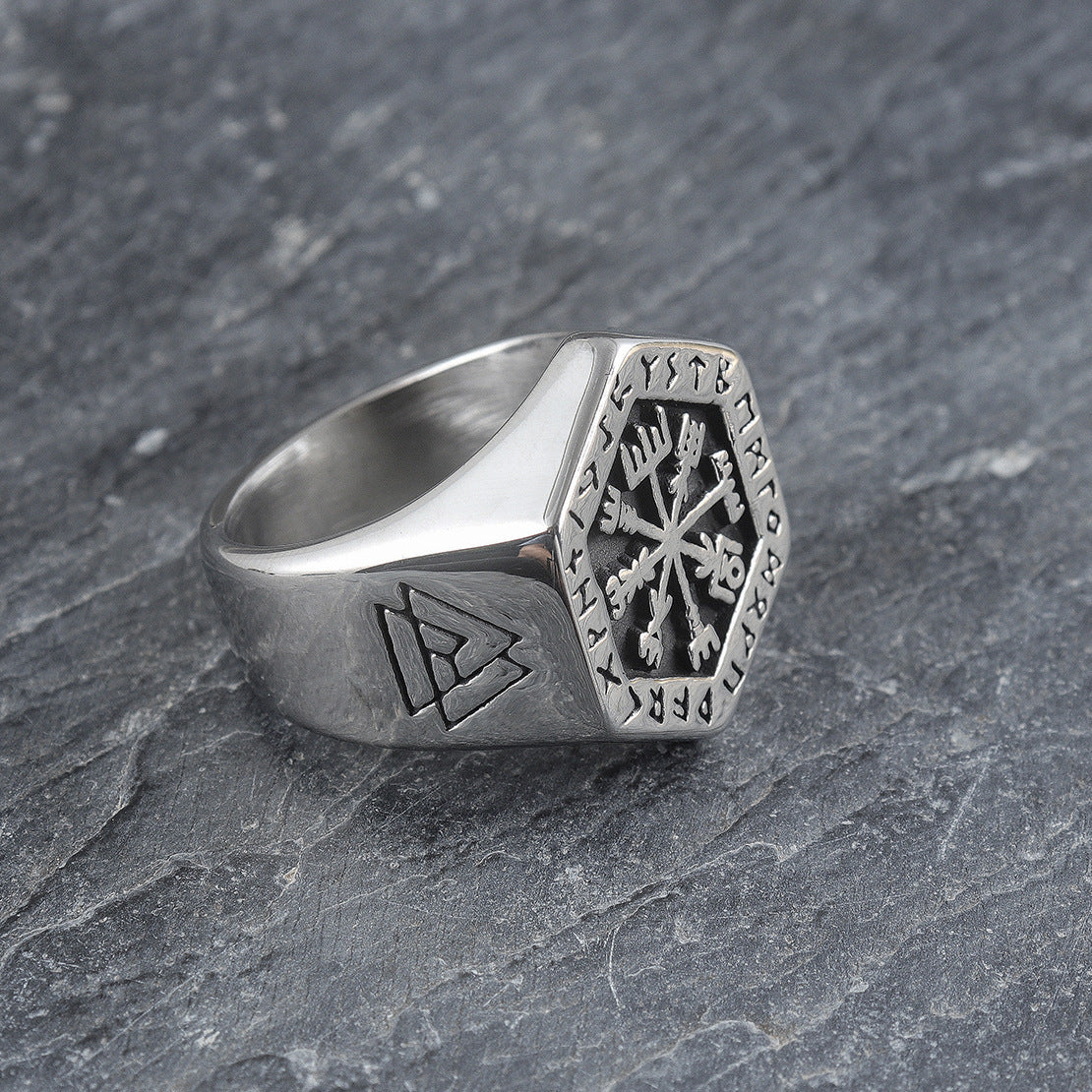 Handcrafted Stainless Steel Ring Hexagonal Vegvisir Ring and Valknut Rune Ring Fashion Statement Ring for Women High Polish Retro Black Finish