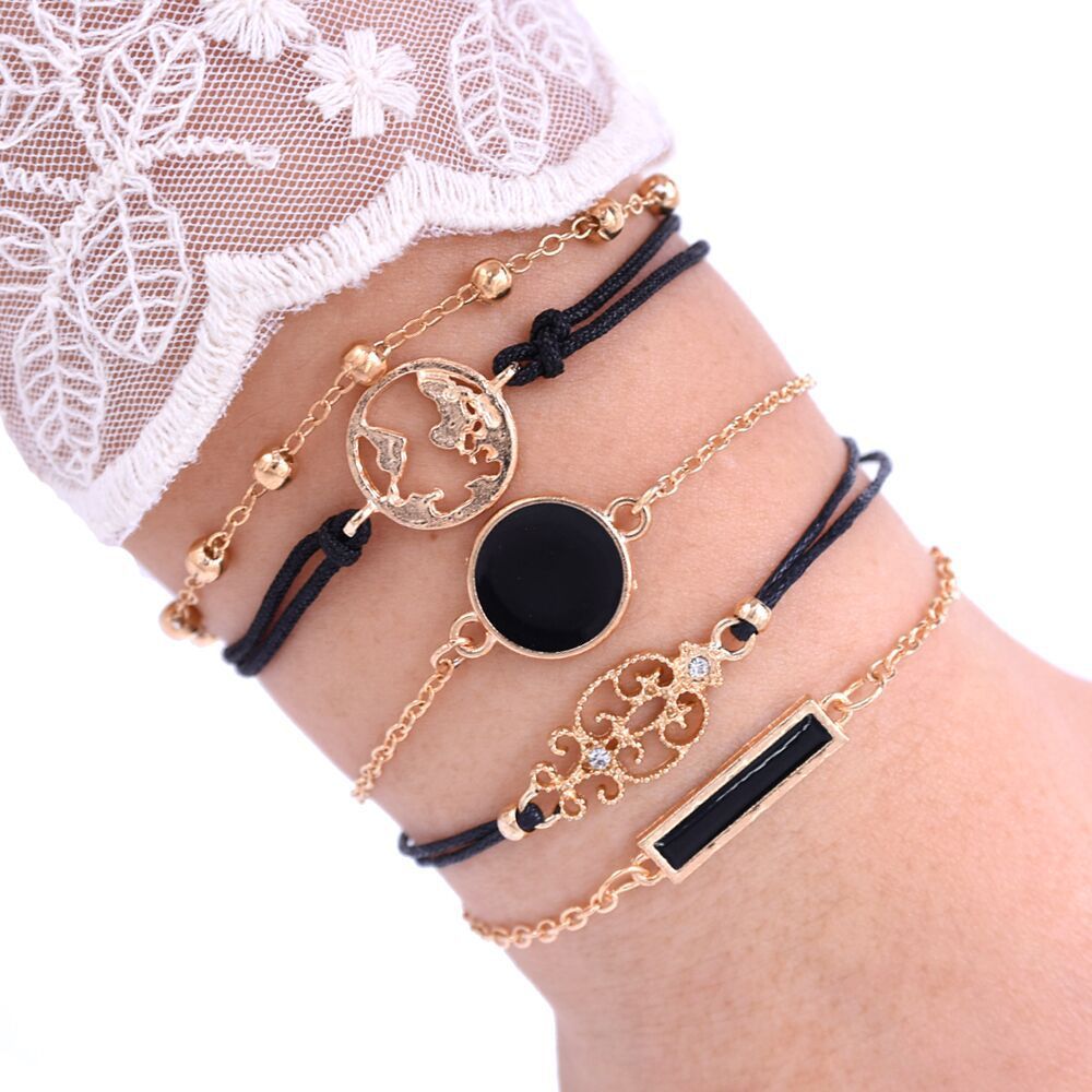 Five Piece Alloy Bracelet Set Bangle With Dripping Oil Rectangular Diamond Map And Letter Number Text Design Style