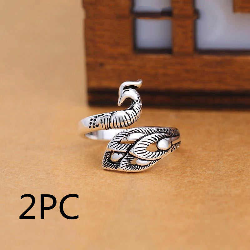 Vintage Unisex Animal Zodiac Ring In Plain Silver Peacock Design Jewelry Gift For Him With Adjustable Fit Gift