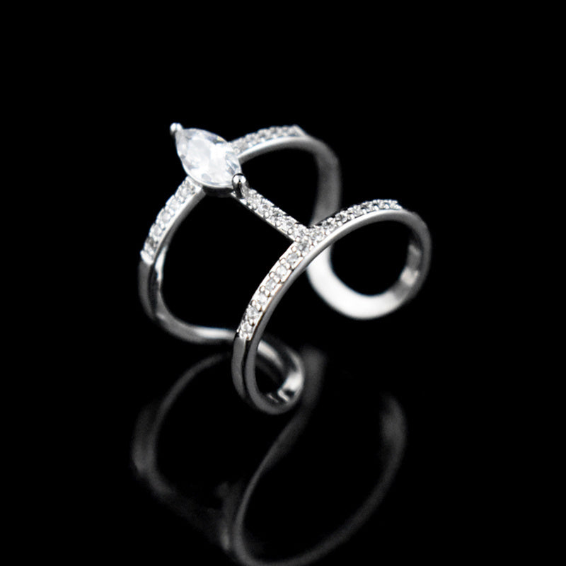 Women's Double Layer Zircon Ring Geometric Copper Jewelry Sparkling Stones Dainty Elegant Accessory For Everyday Wear