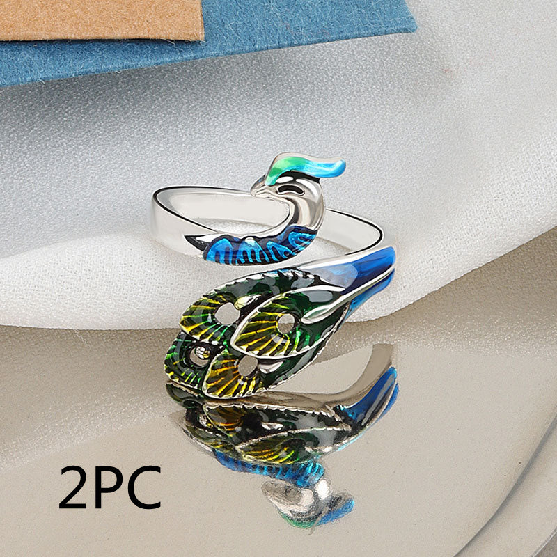 Womens Adjustable Copper Ring Peacock Inlaid Gem Electroplated Retro Design Ring For Women With Colorful Gem Inlays