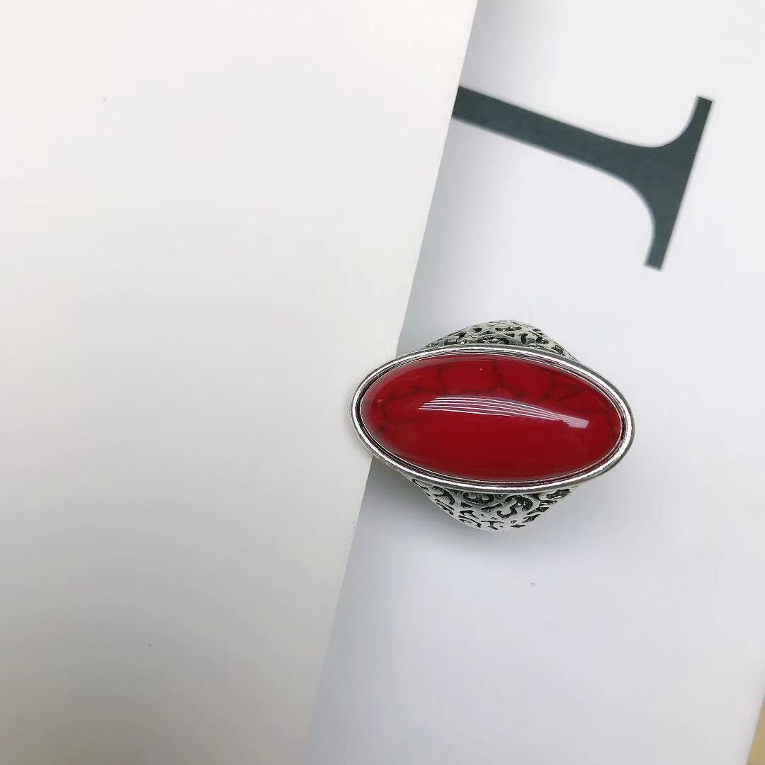 Retro Alloy Ring In Antique Silver With Blue And Red Turquoise Accents European Inspired Design Jewelry Pieces