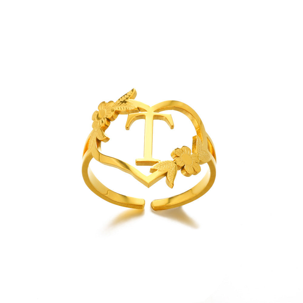 Heart Shaped Initial Rings Women Adjustable Stainless Steel Letters Ring Unisex European Design Letters Numbers