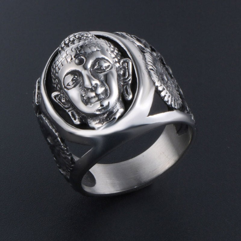 Mens Vintage Buddha Ring Titanium Steel Polished Crown Design Ring Fashion Jewelry For Men Gift Elegant Accessory