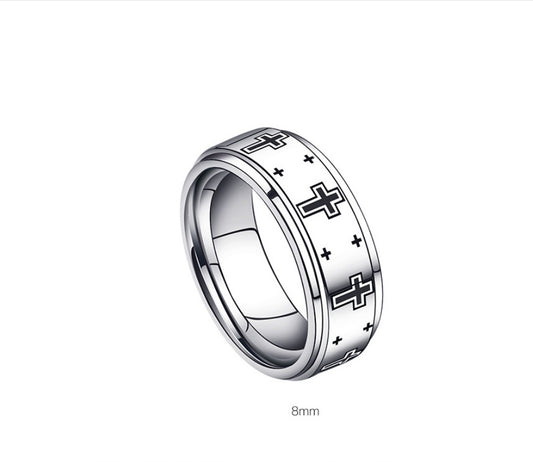Mens Tungsten Ring Polished Silver Tone Cross Design Korean Fashion Band Individually Packed For Everyday Wear