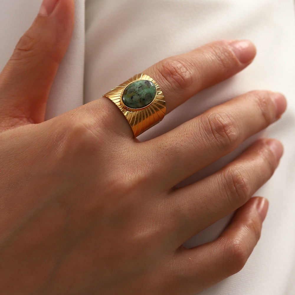 Retro Oval African Turquoise Wide Face Ring For Women Stainless Steel Inlaid Jewel Design Geometric Ring Style