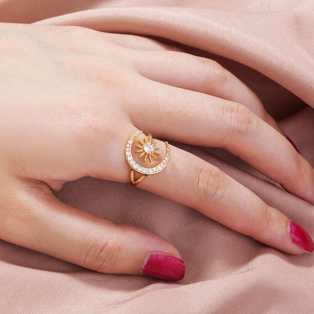 Womens Adjustable Star Moon Ring Zircon Copper Jewelry